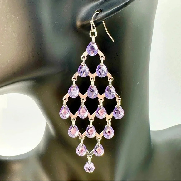 Chandelier Earrings Purple Dangle Gems Faceted Silver-tone Periwinkle 3”… - Picture 3 of 11